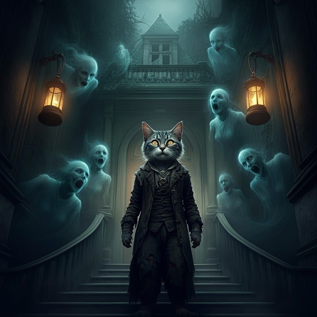 Macabre Cat at Haunted Mansion in Dark Art Style
