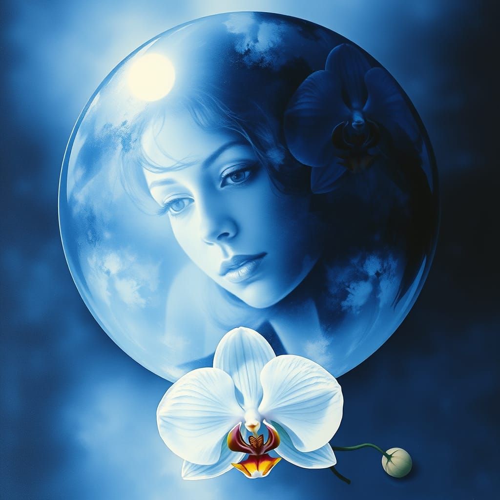 Ethereal Woman Portrait and Orchid in Blue and Silver