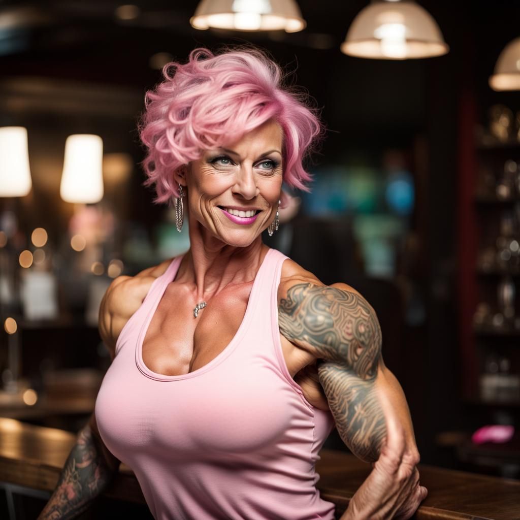 Female Bodybuilder Dancing in a Bar, Professional Photo