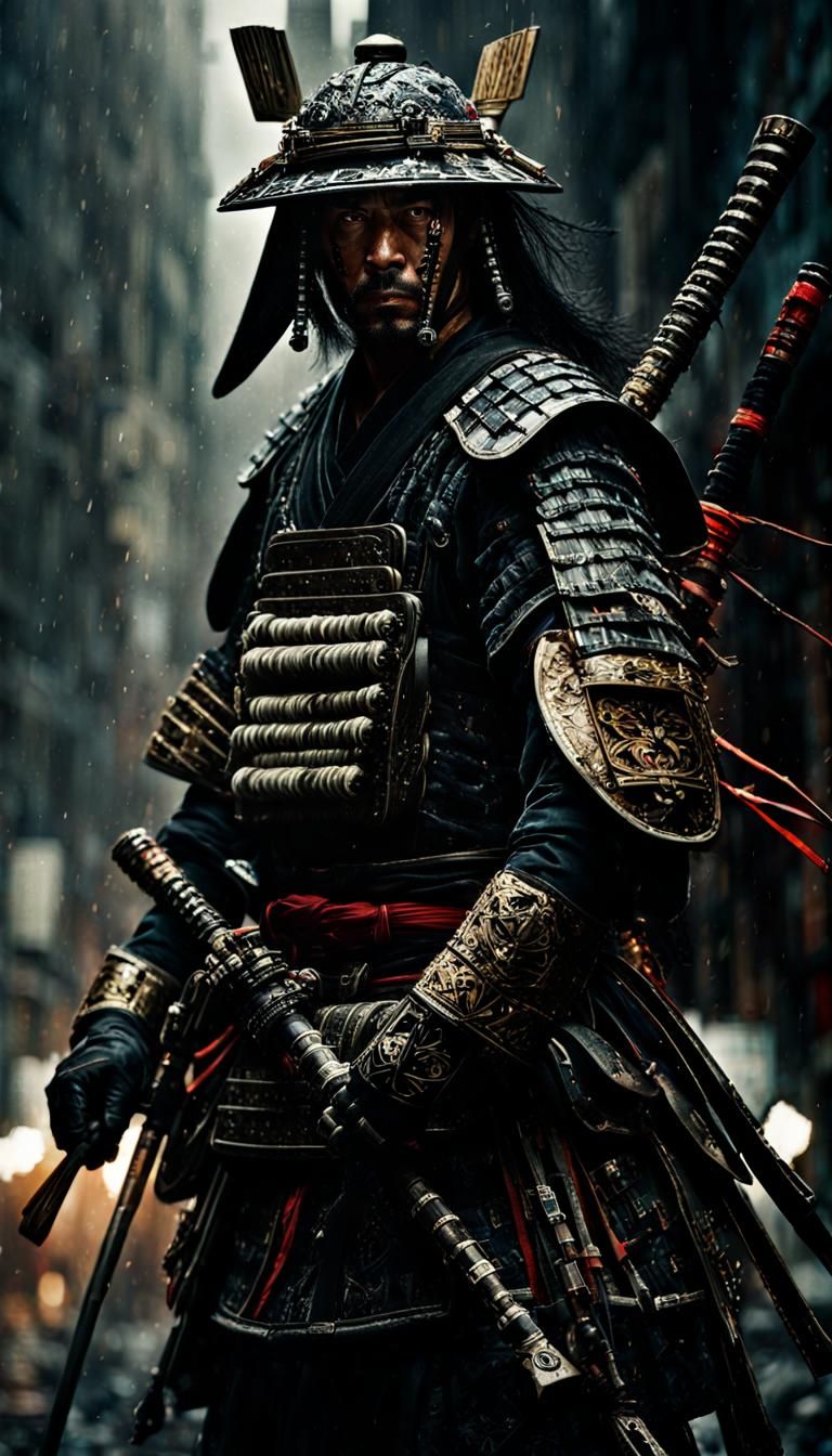Samurai Assassin in Hyperrealistic Mixed-Media Photography