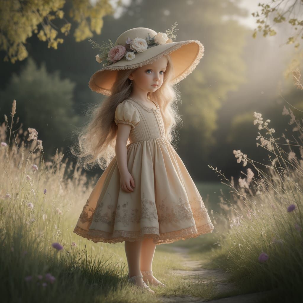 Girl in Floral Hat, Impressionistic Surreal Meadow
