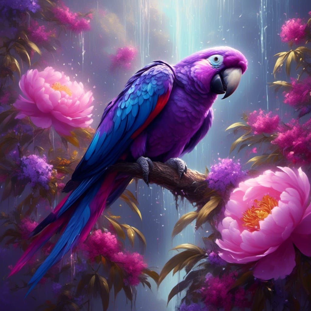 Purple Parrot with Peonies in Digital Painting