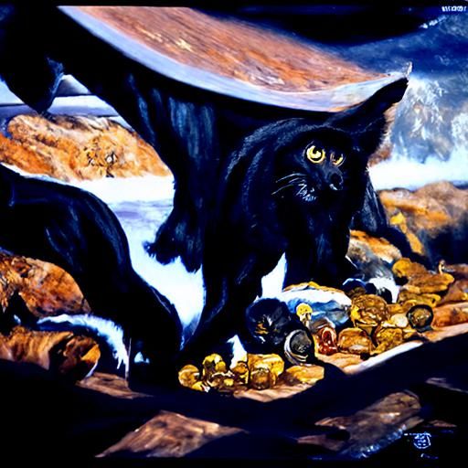 black feral cat surrounded by vast riches oil painting by James Gurney oil on canvas