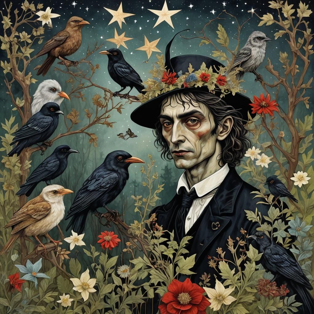 Encaustic Alebrije Vampire Portrait with Sparkling Stars