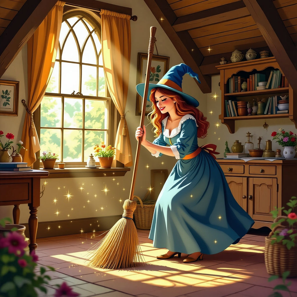 Magician Woman Cleans House with Self-Moving Broom