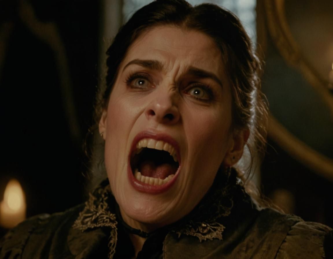 Cinematic Vampire Hiss: Gothic Horror Film Still