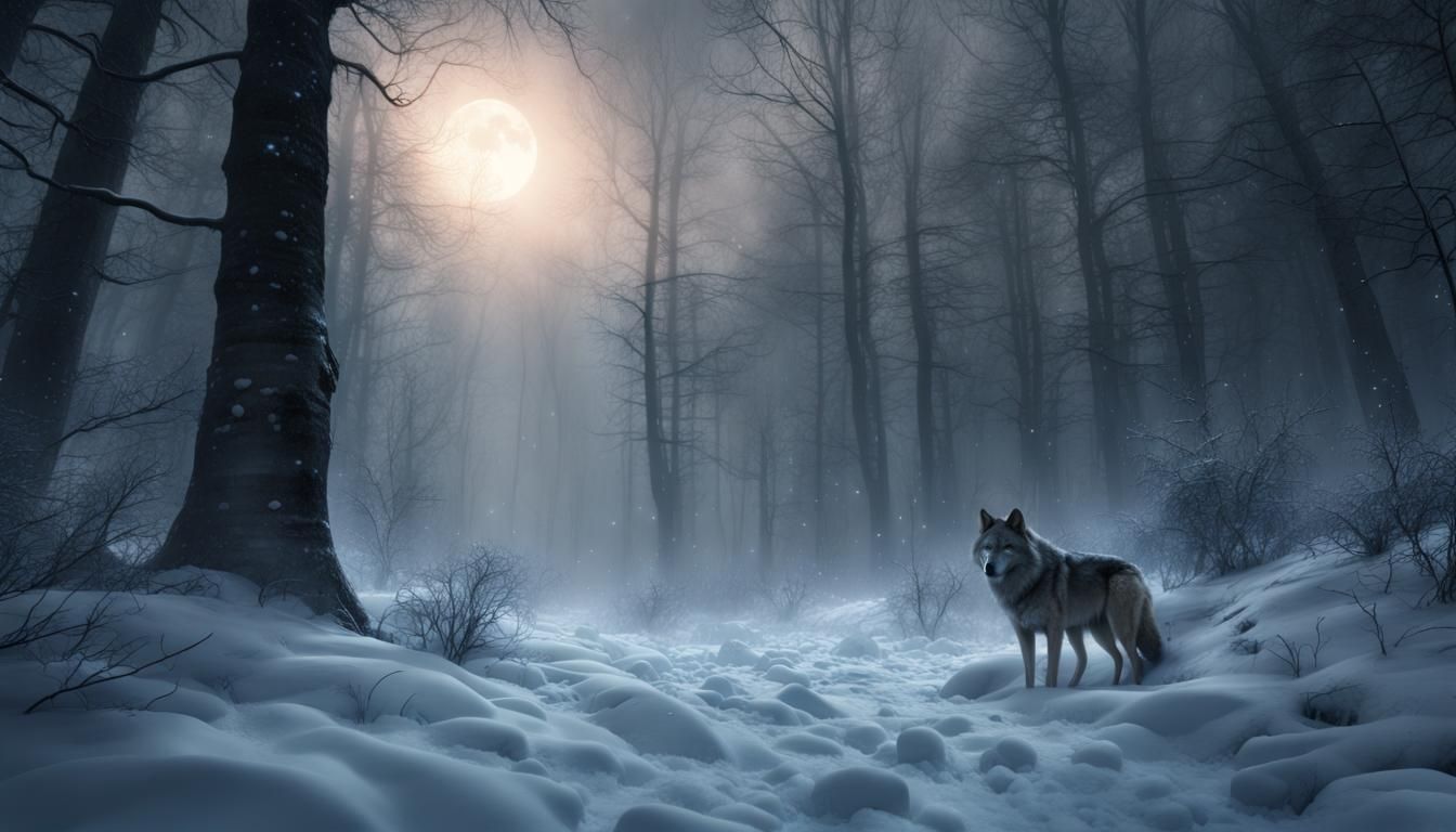 Lone Wolf in Eerie Winter Forest: Digital Matte Painting