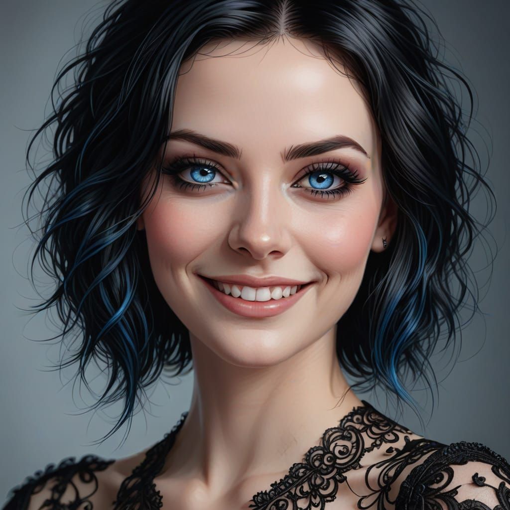 Beautiful Goth Woman Portrait with Blue Eyes in Pastel Color...