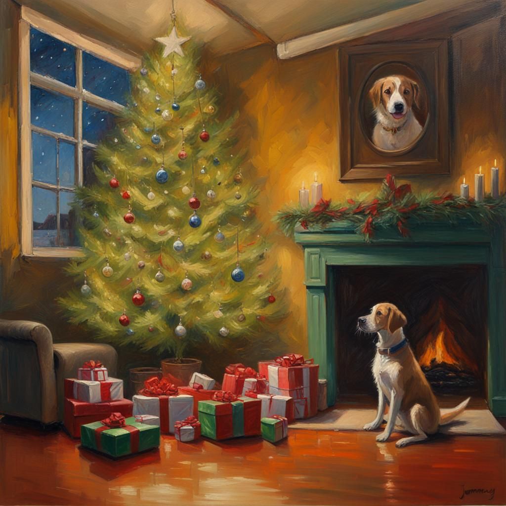 Dog's Christmas Indoors: Oil Painting by Gurney