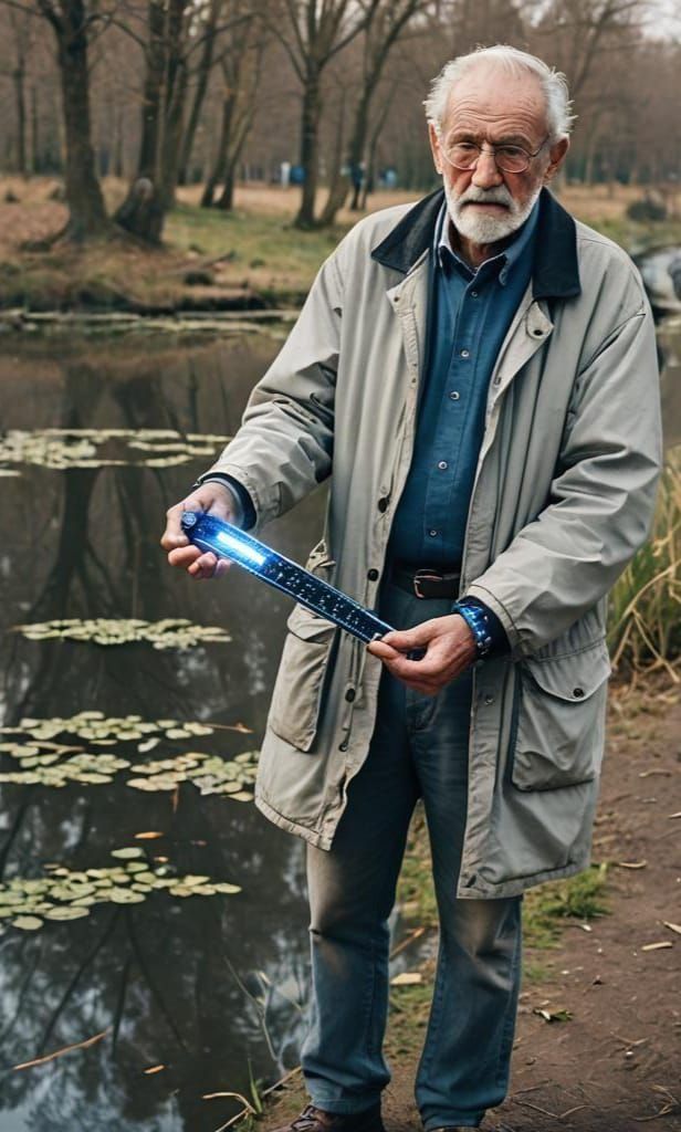 Frustrated European Man Holds Digital Bracelet Near Fisherme...