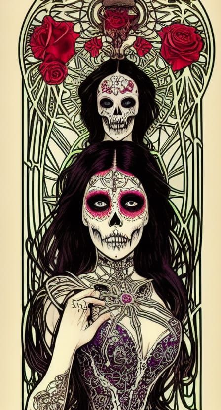 Art Nouveau Santa Muerte Illustration with Roses