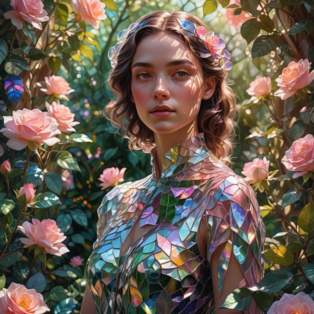 Crystalline Woman in Lush Garden: Digital Art