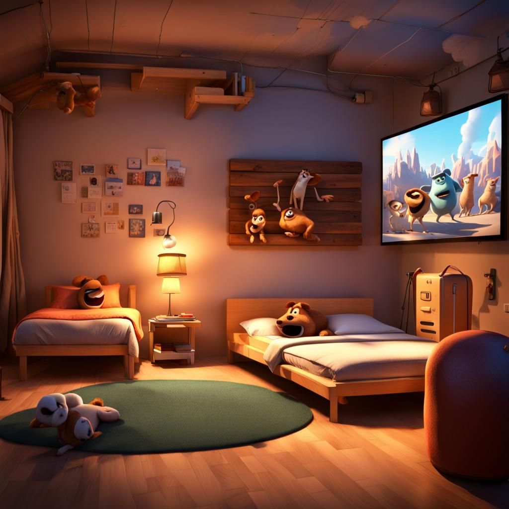 Spacious Bedroom with Pet Bed, Pixar Style 3D Art