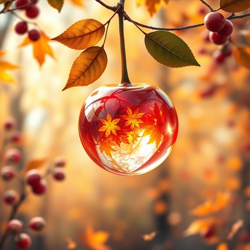 Autumn Cherry Refracts Warm Golden Light in Dreamy Woodland....
