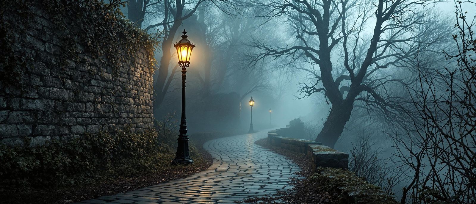 Mystical Cobblestone Pathway in Foggy Atmosphere