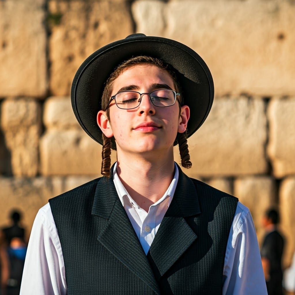Young Haredi Boy in Holiday Attire in Front of the Western W...