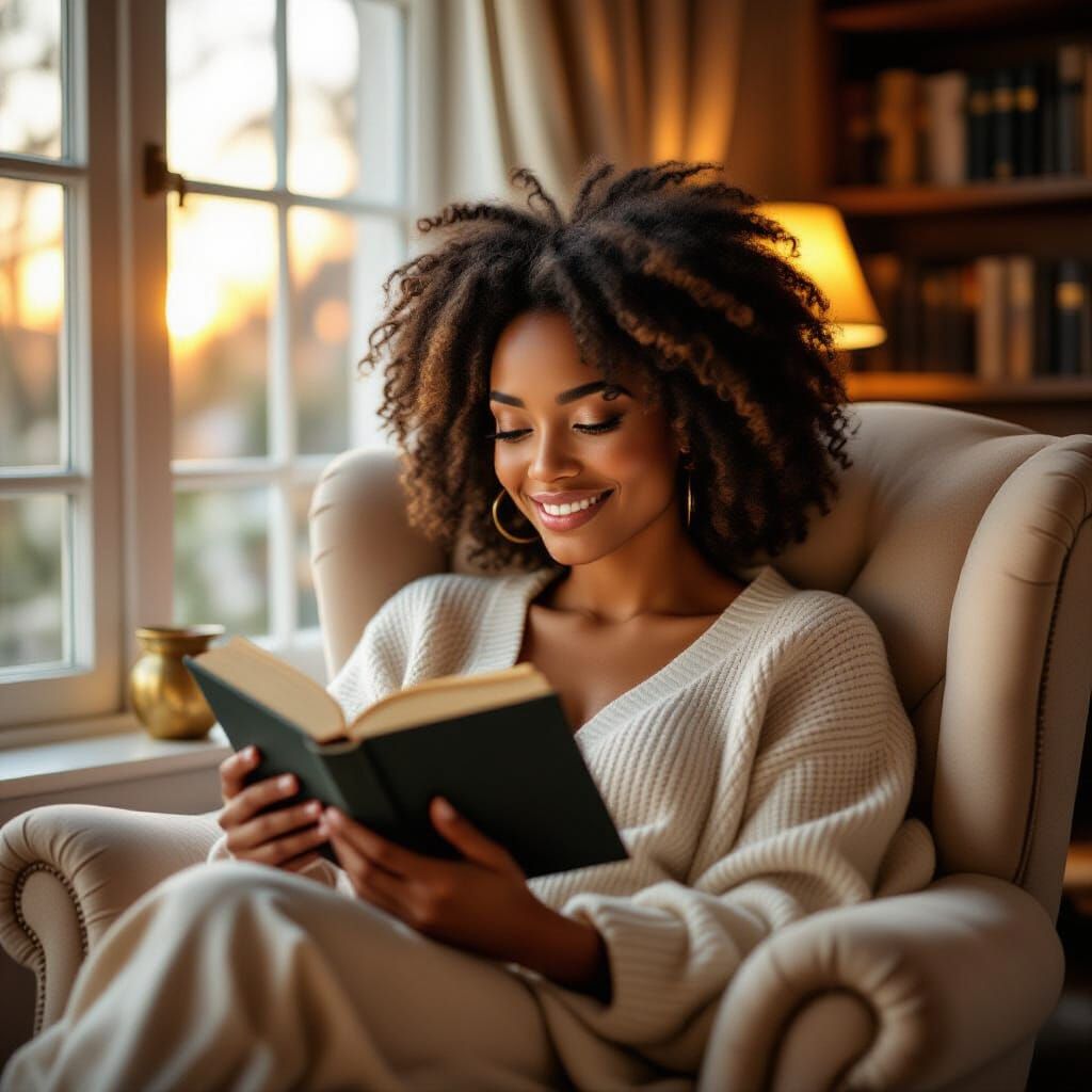 Photorealistic Black Woman Reading in Cozy Golden Hour Light