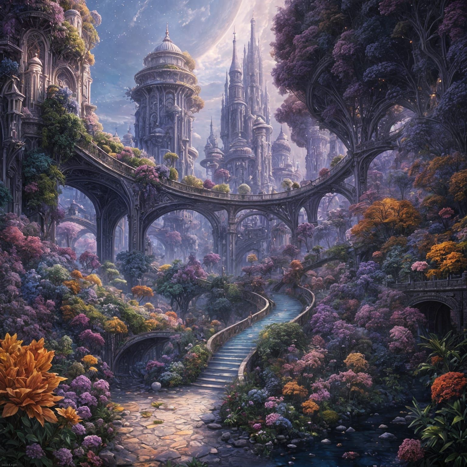 A utopian futuristic city with gardens and walkways and floating bubble cars in the style of Josephine Wall