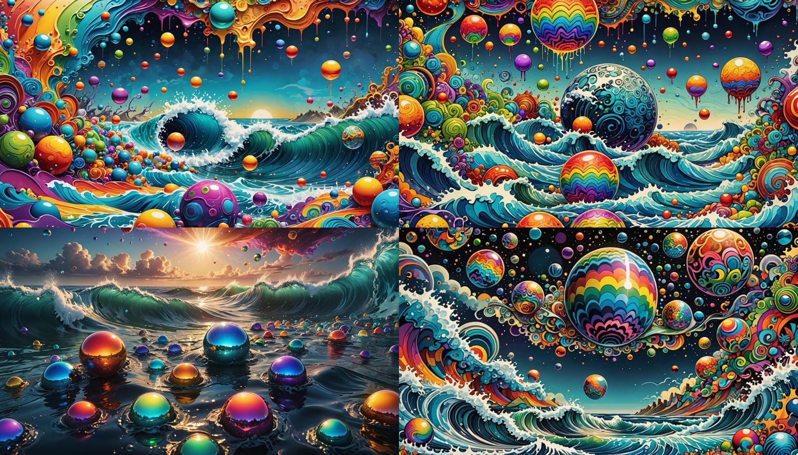Rainbow Orbs Over Alien Ocean in Fractal Style