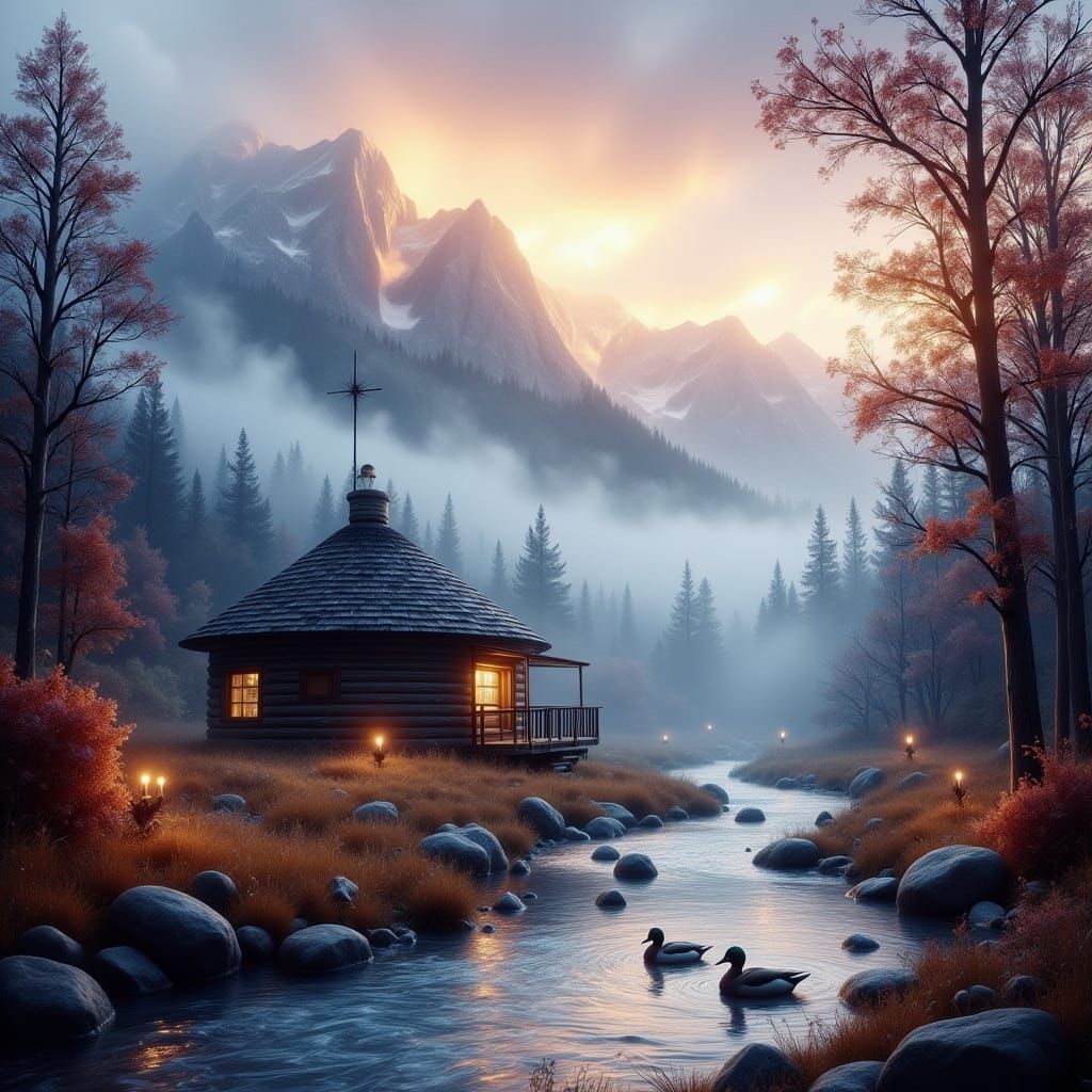 <lora:Dreamy Enchantment:1.0> An enchanted serene mountain l...