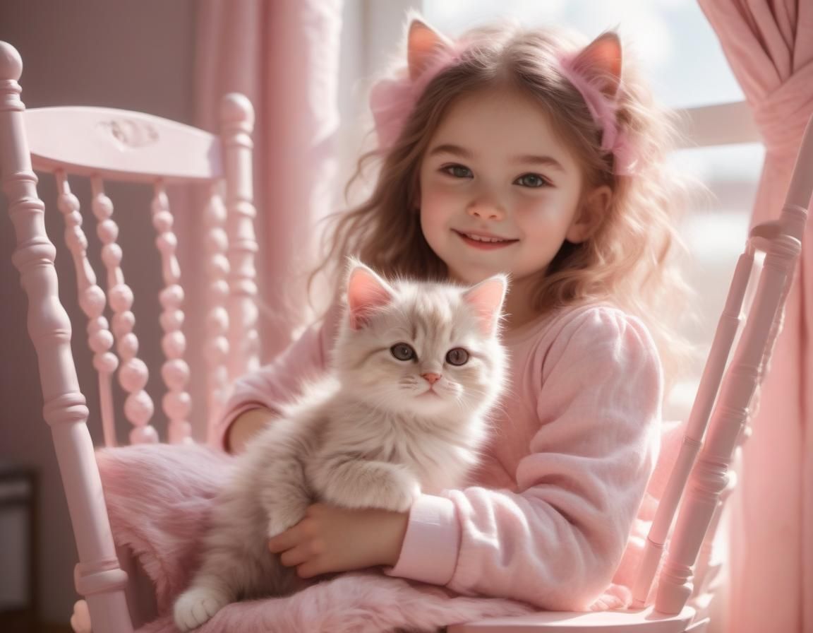 Cute Girl and Cat in Pink Room