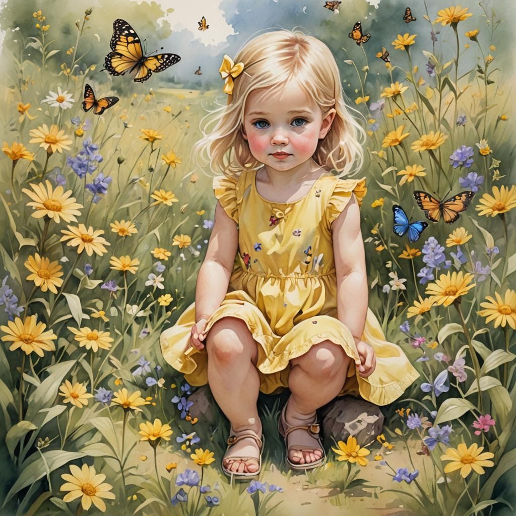 Baby Girl Portrait with Wildflowers in Pastel Pencil Sketch