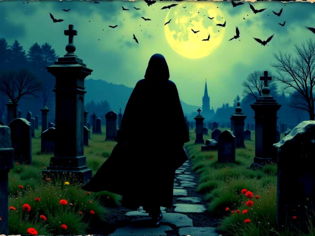 Headless Horseman in Moonlit Cemetery with Bats