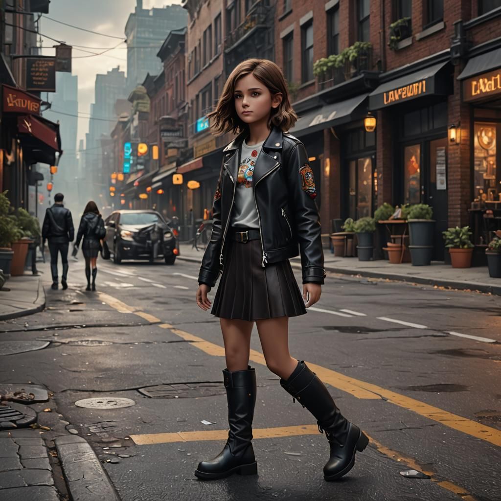 Girl in Black Leather Jacket Walks Dark City