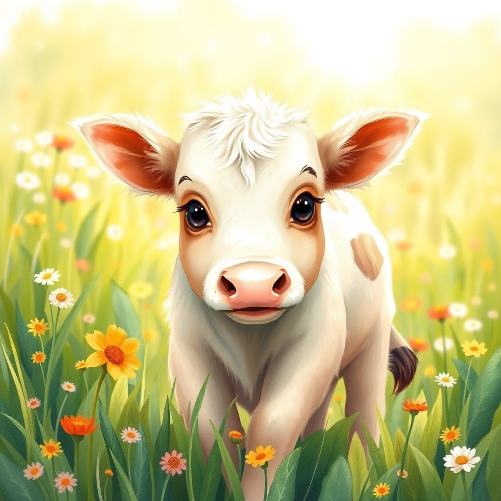 Whimsical Baby Cow in a Lush Meadow