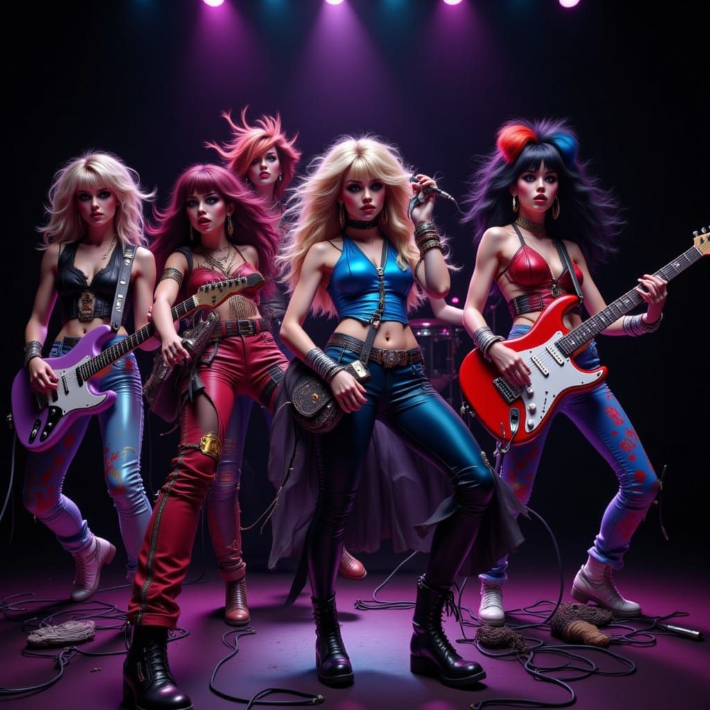80s Rock Band Performing On Stage Hyperrealistic Art