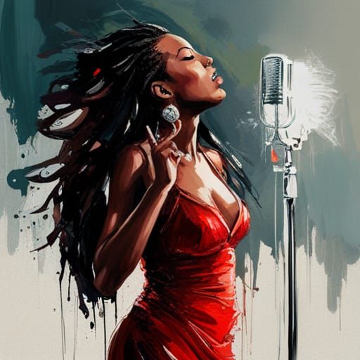 African Bombshell in Red Silk Dress Singing