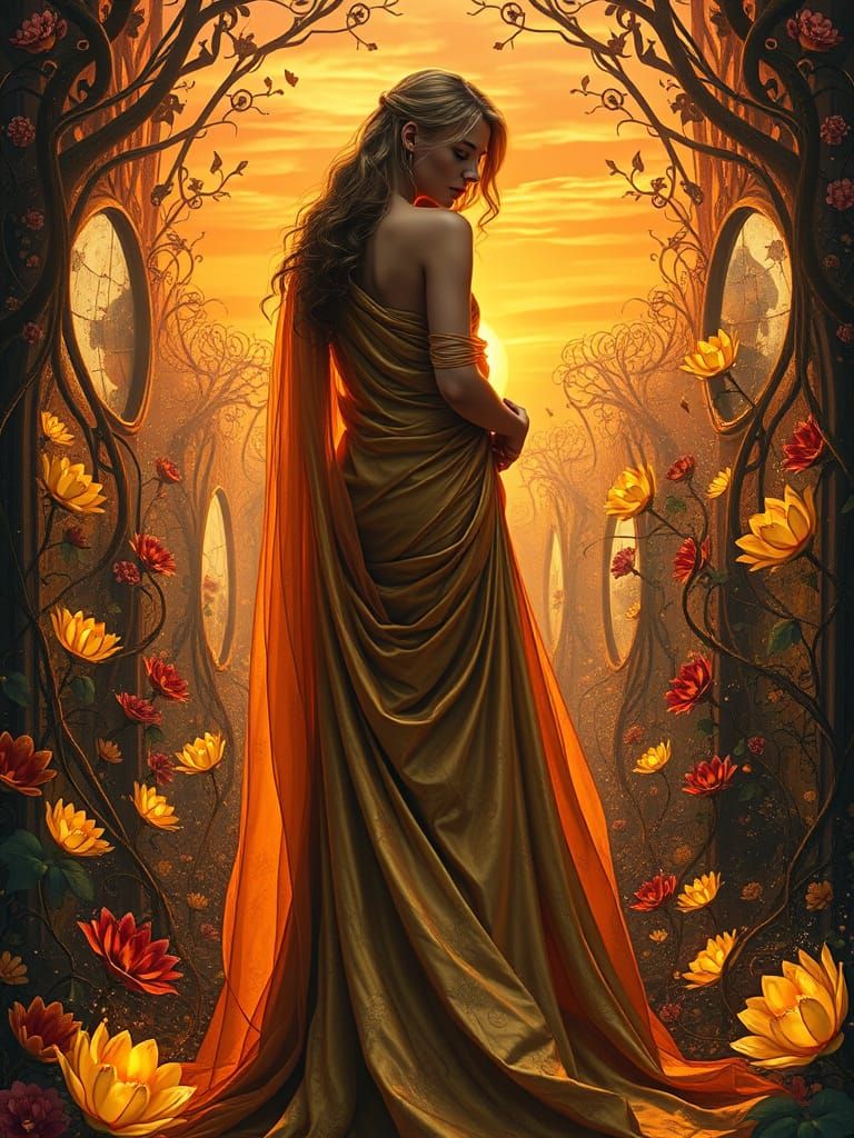 Golden Goddess in Dreamlike Sunset Landscape