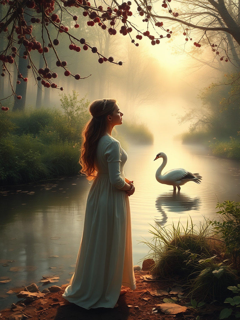 Serene Woman by Brook with Bird, Hyperrealistic Painting