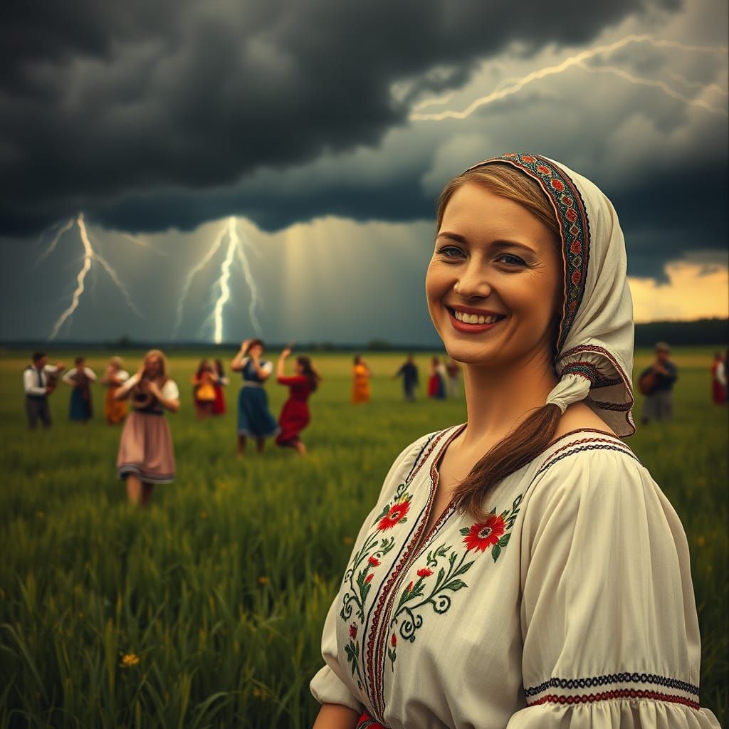 Slavic Woman in a Vintage Meadow Scene