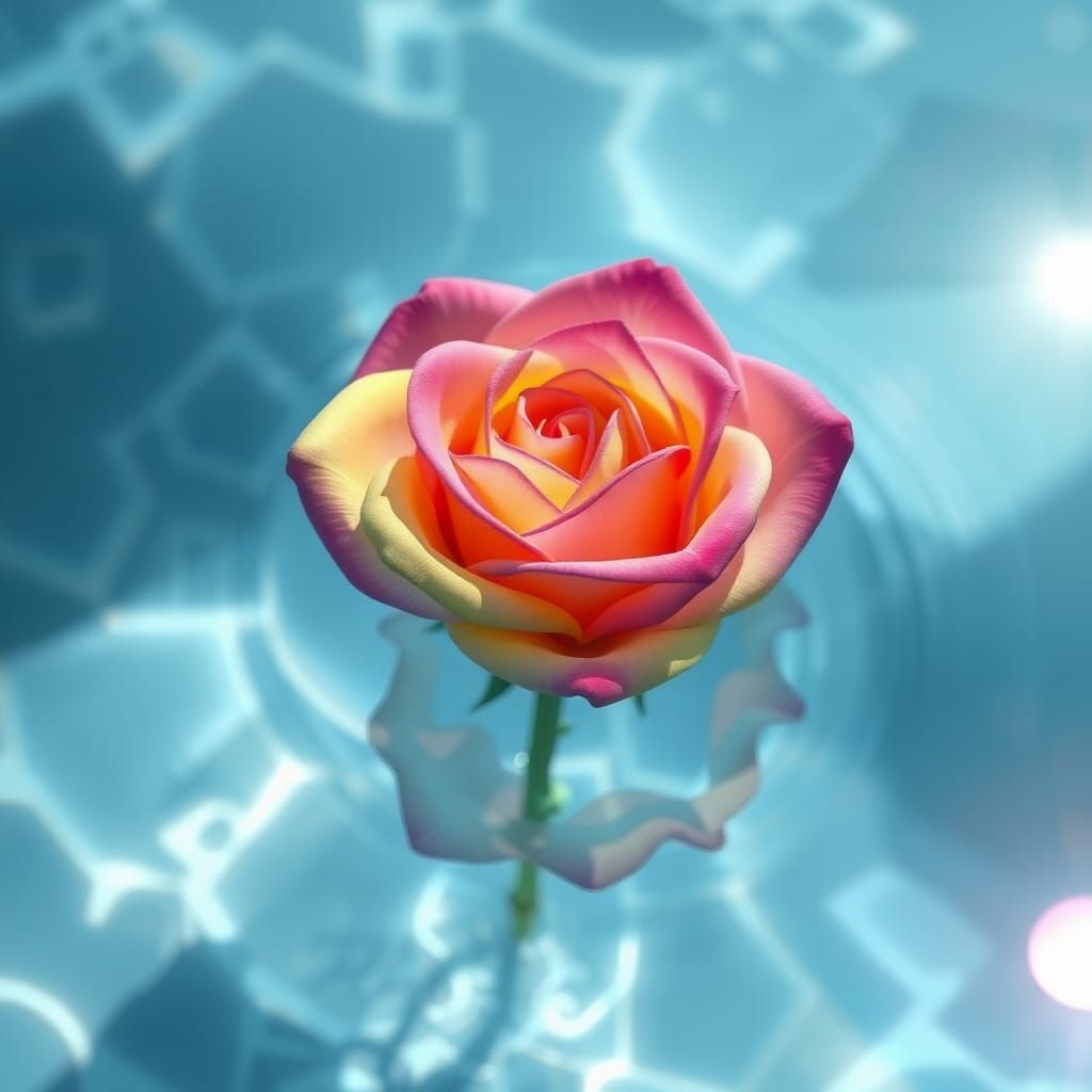 Rainbow Rose Floating on Water in Anime Style
