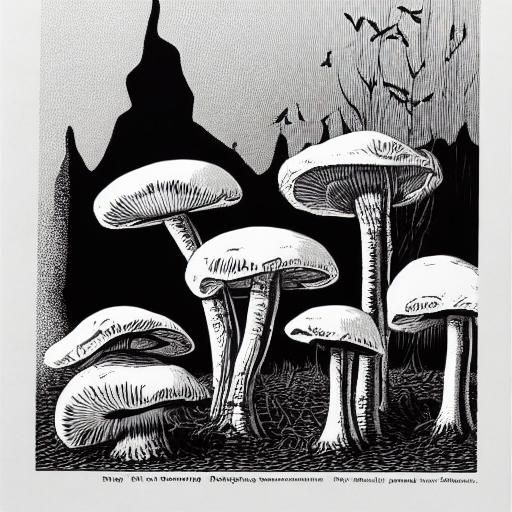 Mushrooms Powering Computer in Linocut Style