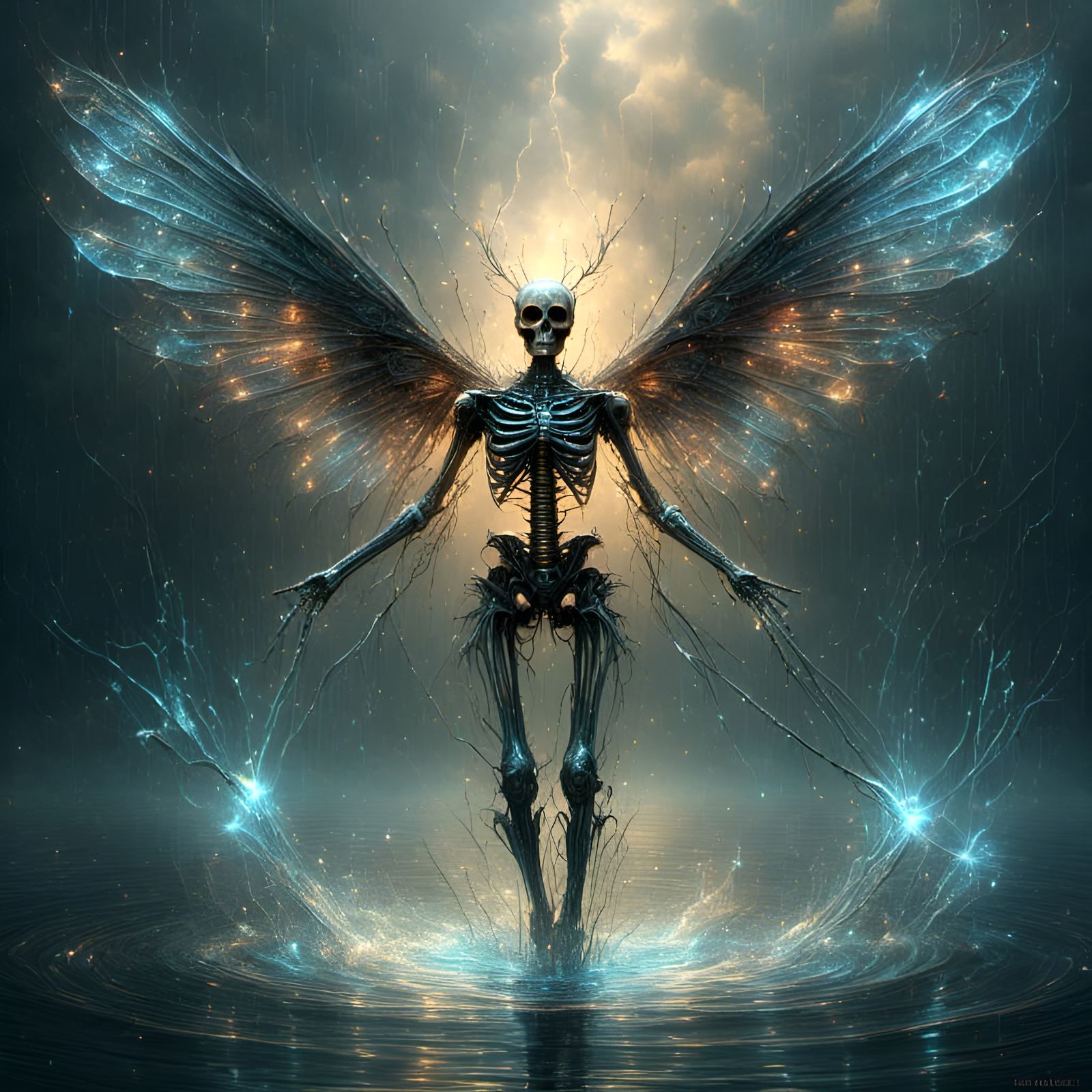 Cybernetic Fairy Skeleton Walking on a Lake