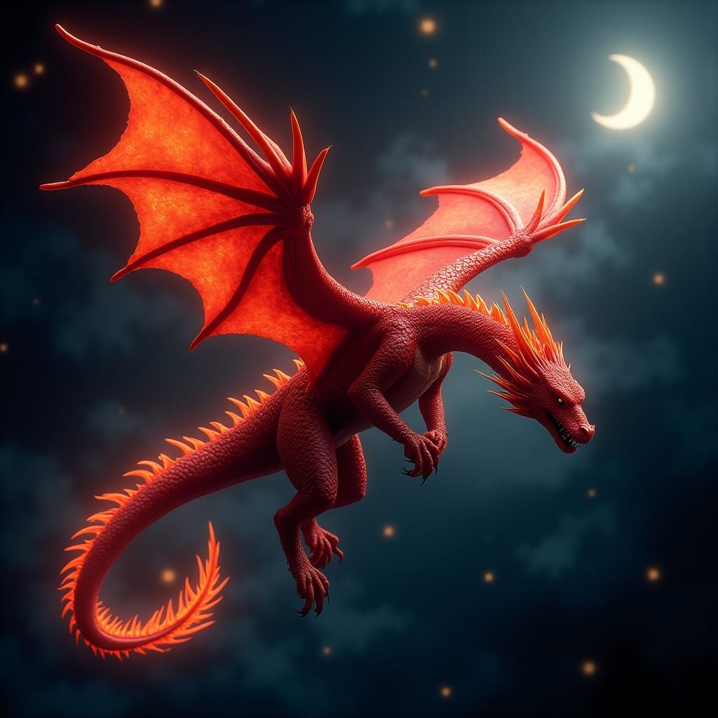 Majestic Red Dragon Soaring in the Night Sky