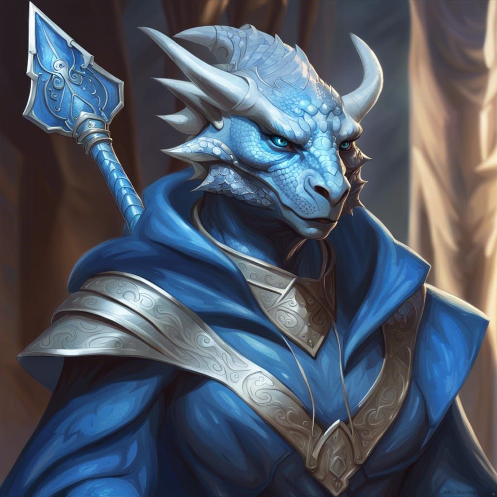 Blue Dragonborn Portrait in Fantasy Art Style