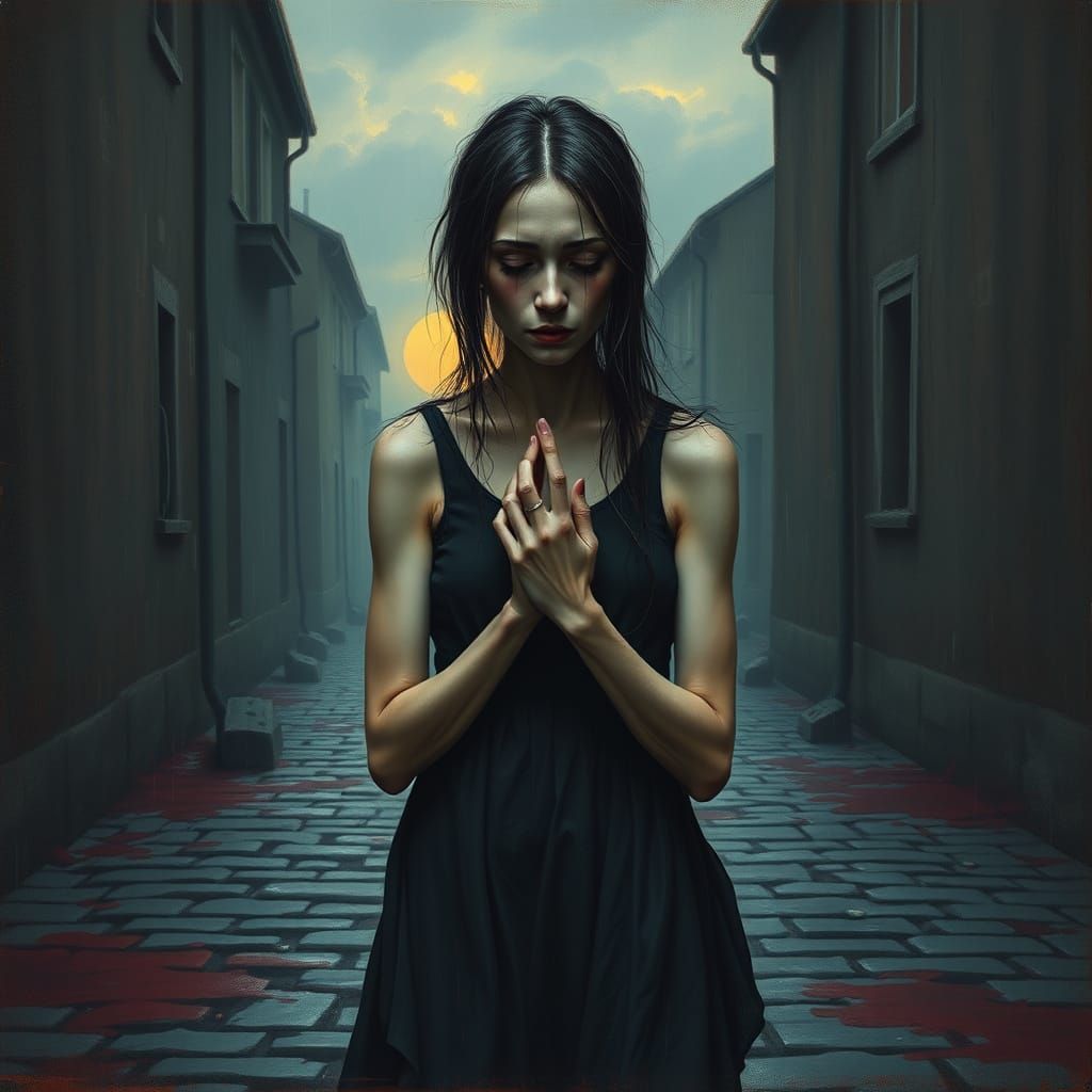 Solemn Woman Weeps on Blood-Stained Road in Expressionist St...