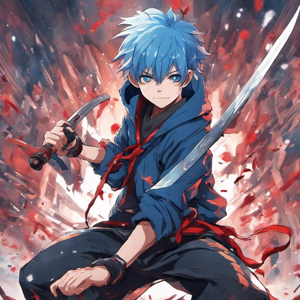 Blue-Haired Boy with Katana in Anime Style