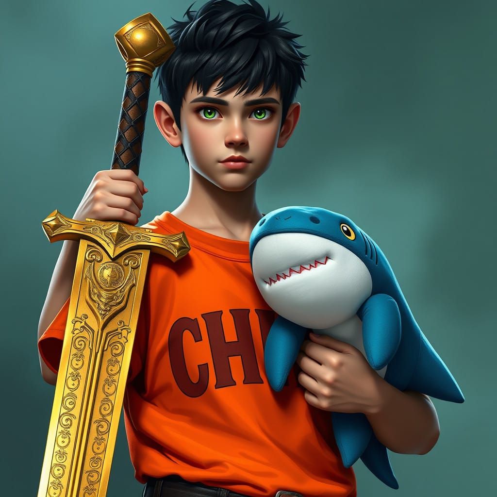 Heroic Teenager with Sword and Cuddly Shark