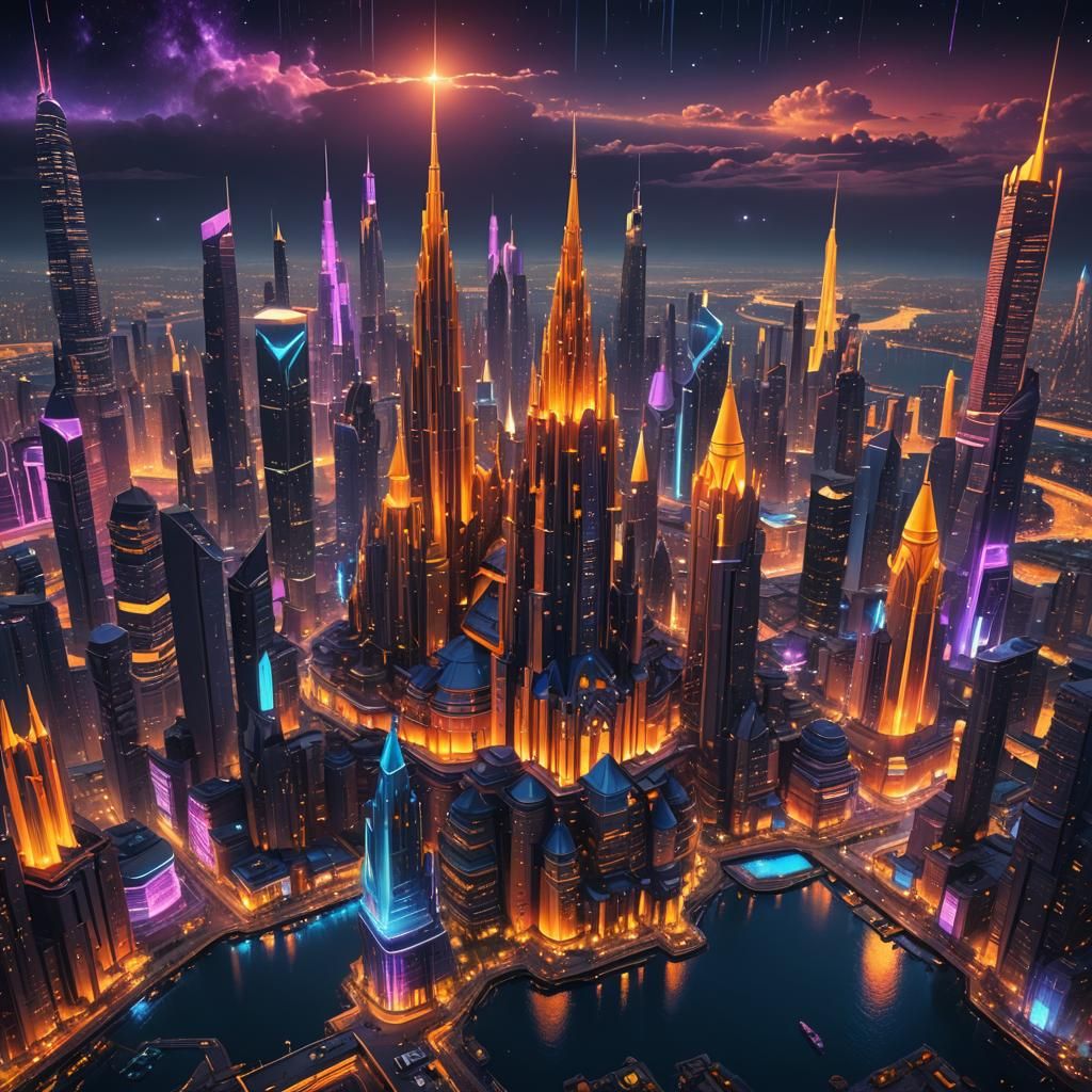 Neon Space City in Digital Matte Painting
