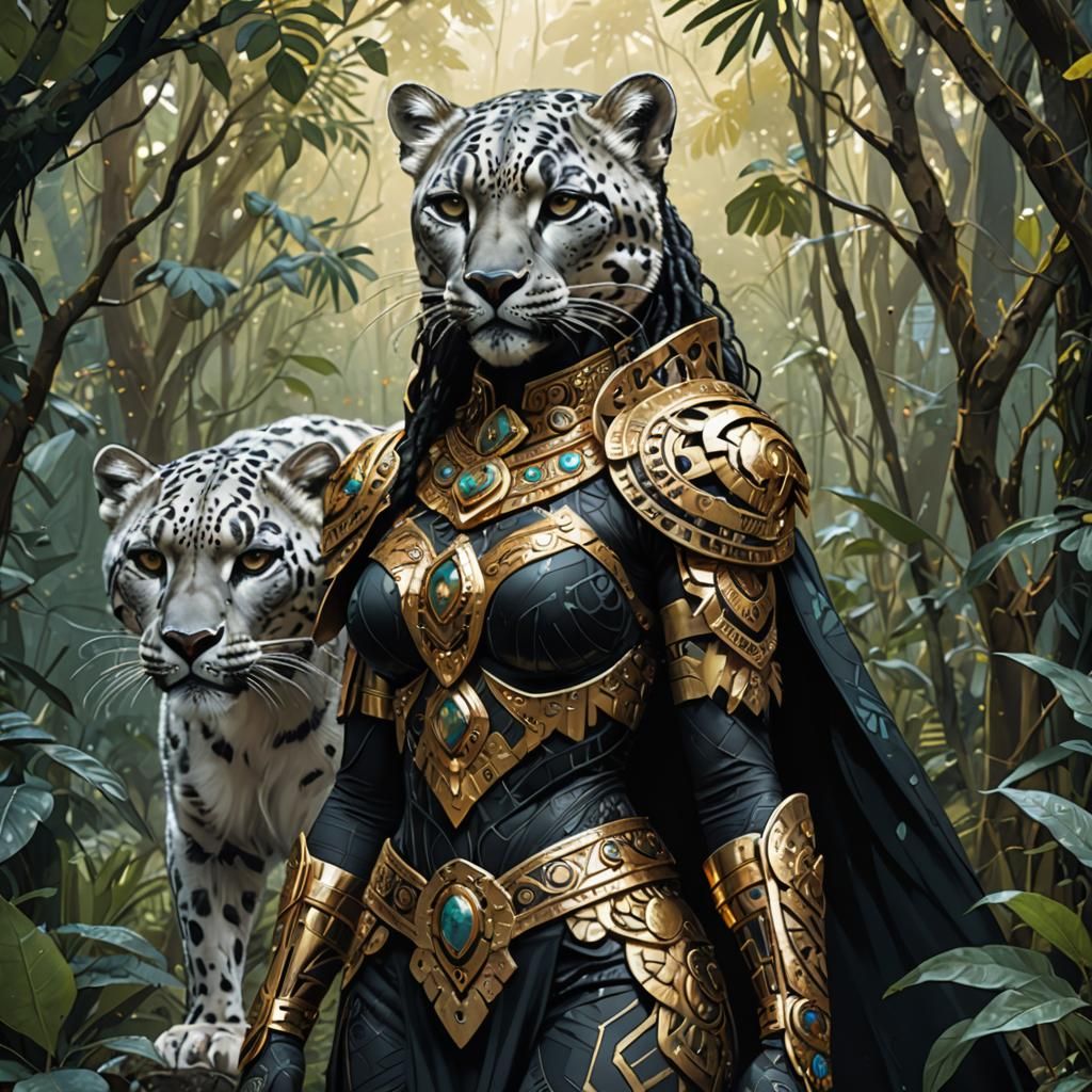 Aztec Snow Leopard Warrior in Jungle, Digital Art