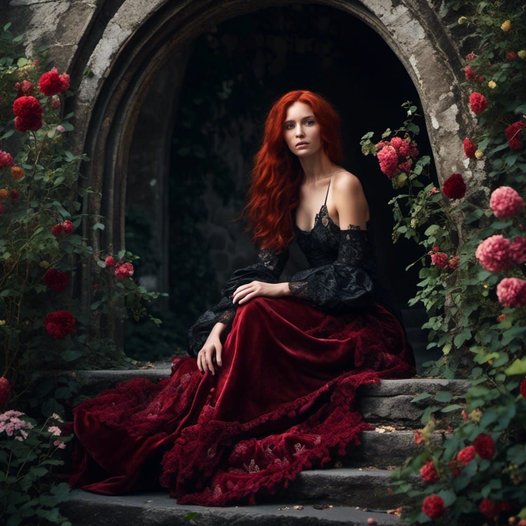 Pre-Raphaelite Woman in Garden with Stone Arch