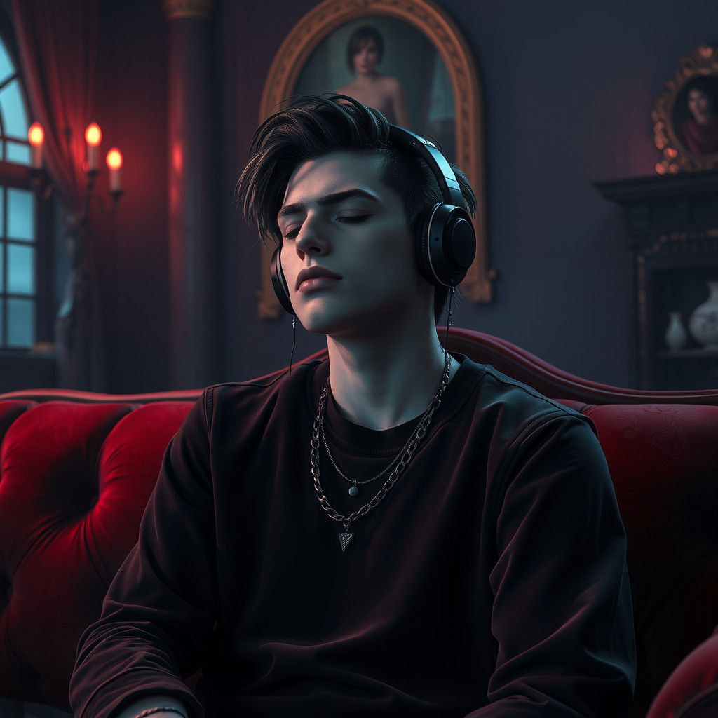 Emo Man Listening to Music in Gothic Setting