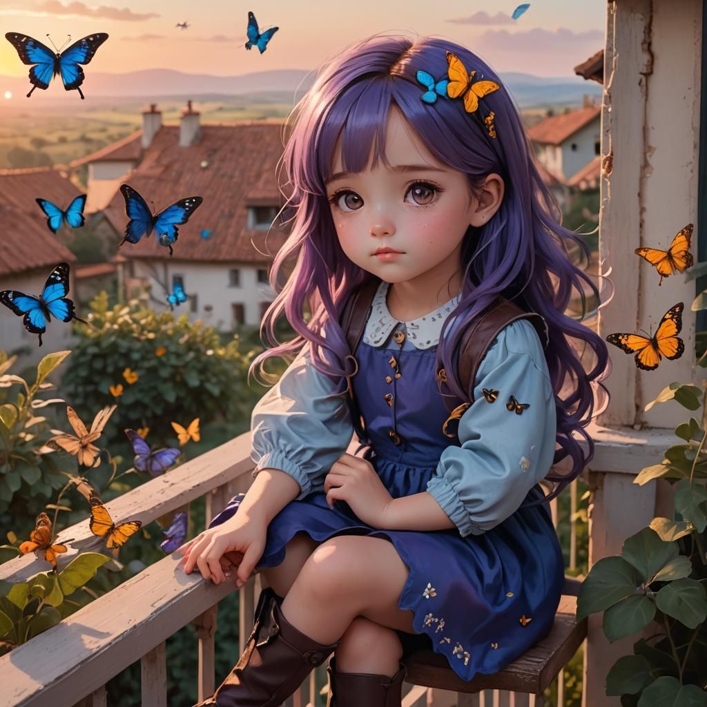 Girl with Butterflies on Balcony at Sunset