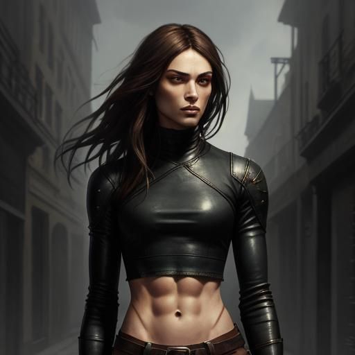 Skinny Girl with Strong Abs in Leather Outfit