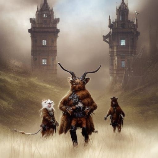 Cute Steampunk Scottish Animals in Hyperdetailed Style