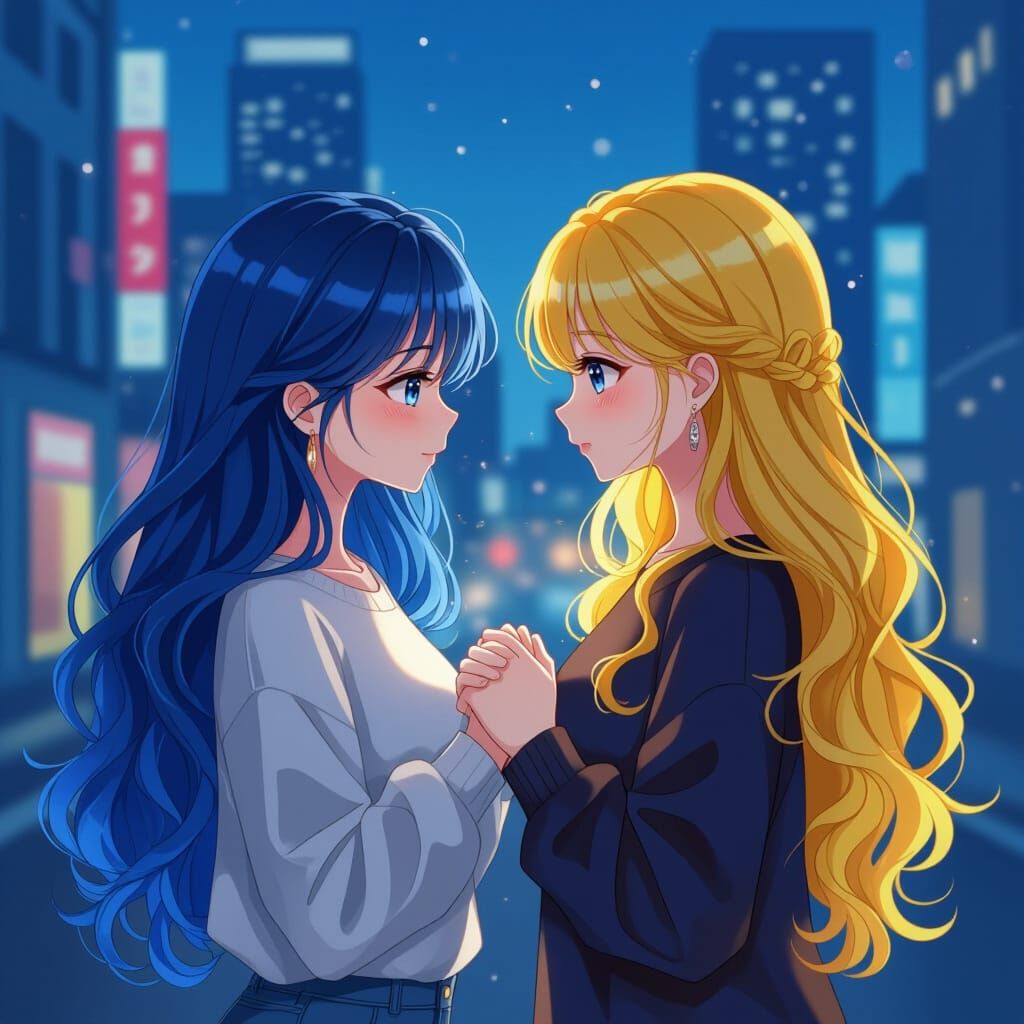 Anime Style Women Holding Hands in Modern City